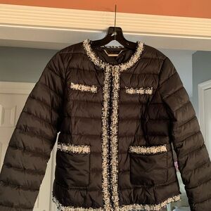 White House Black Market Black Tweed-Accented Puffer Jacket